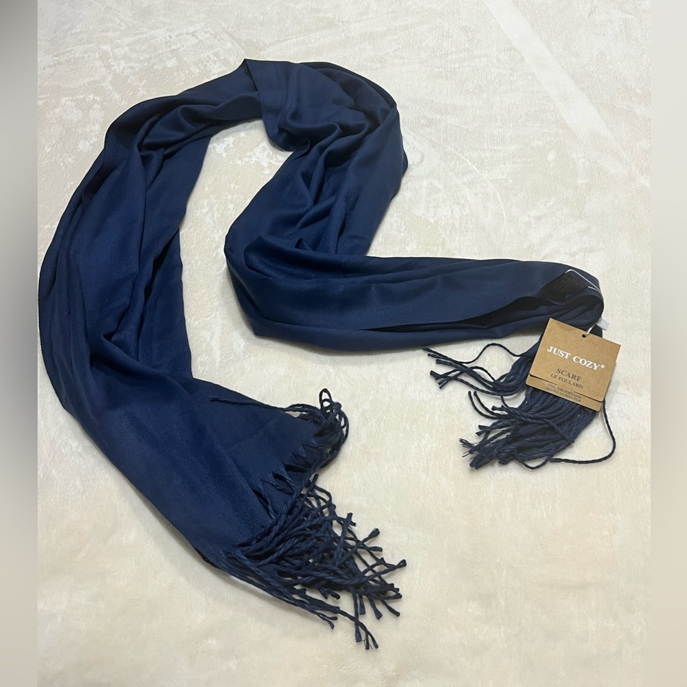 Just Cozy Dark Blue Long Scarf 26” x 70” plus 3” tassels NWT